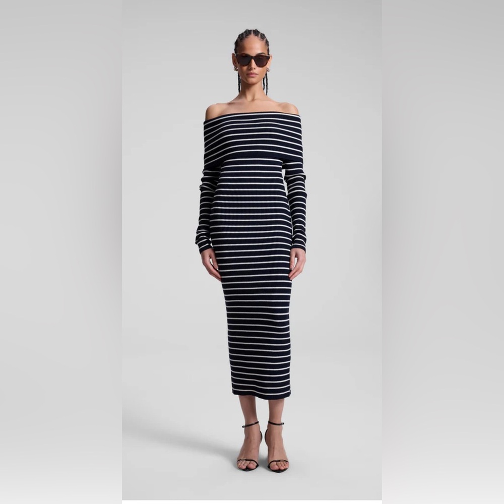 NWT A.L.C. ALC Evelyn Merino Off Shoulder Midi Dress Navy White Medium $595
